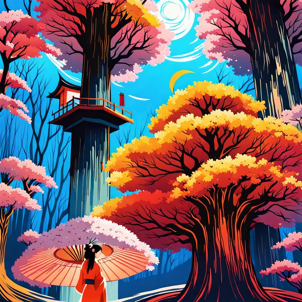 Japanese Woman Under Cherry Blossom Tree: Abstract Art