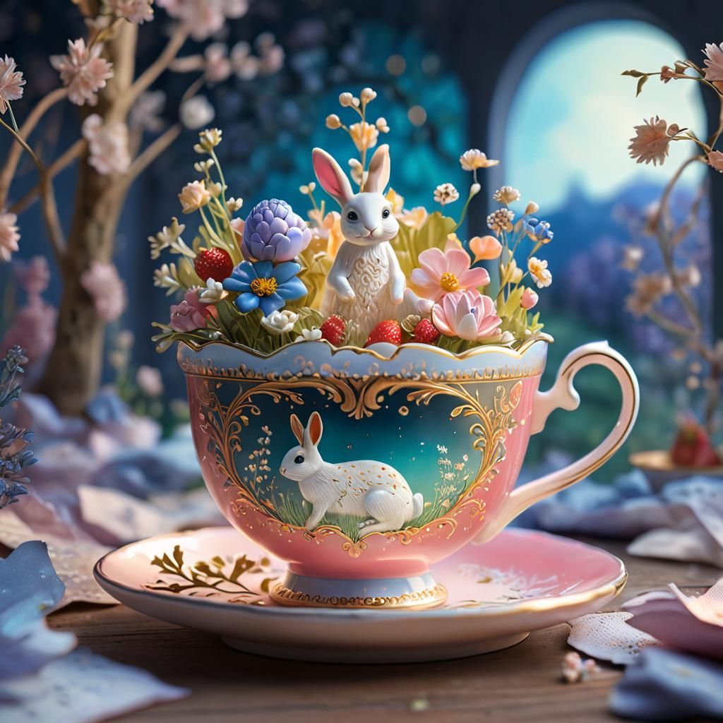 Bunny in Strawberry Meadow Teacup Diorama
