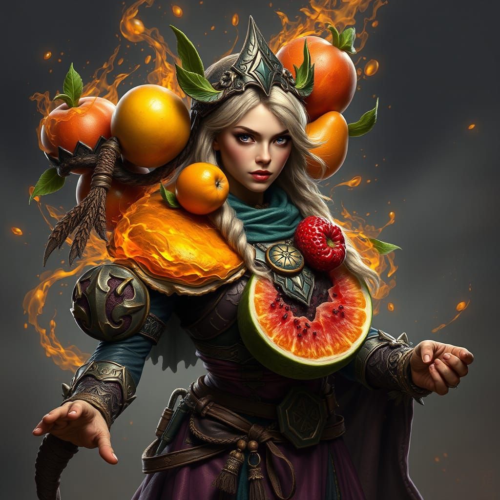 Surreal Female Cleric of Fruit in Fantastical Landscapes