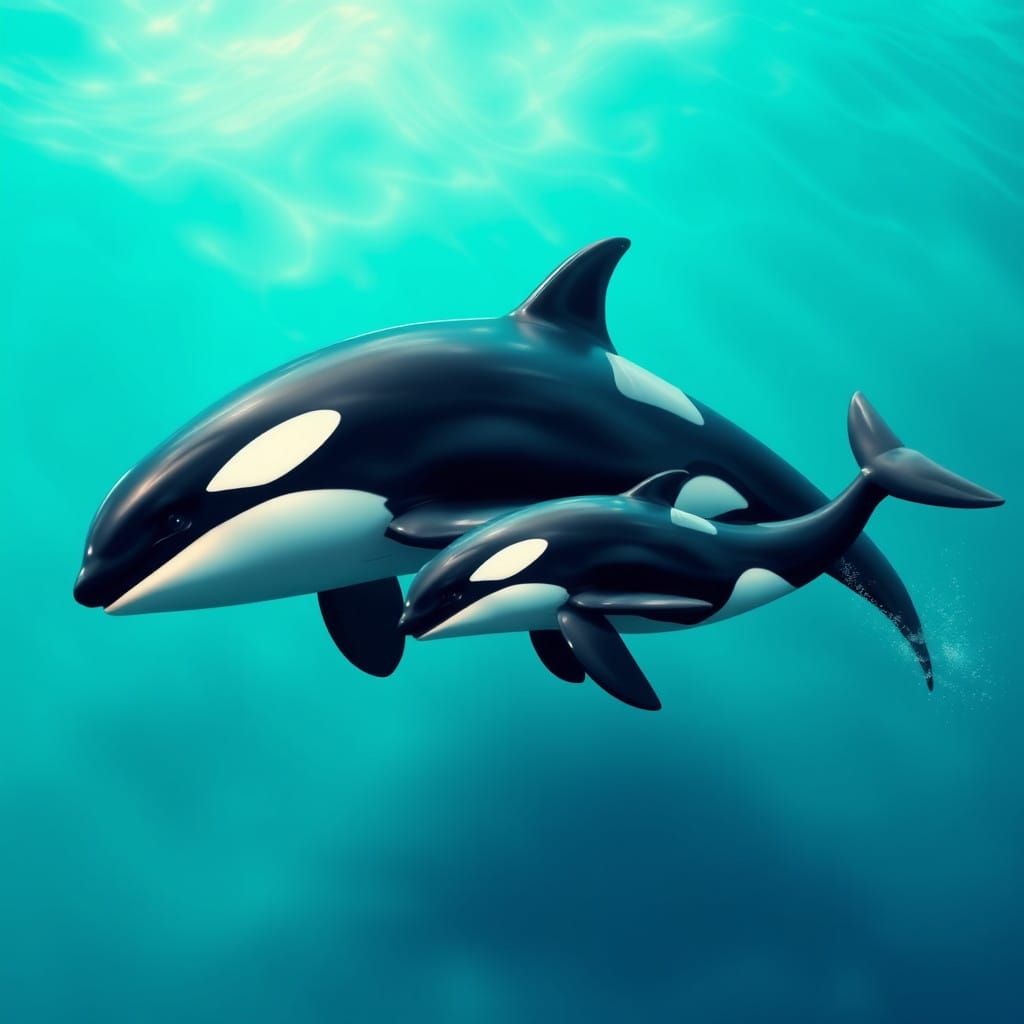 Majestic Orca Mother and Calf Swim in Hyperrealistic Oceanic...