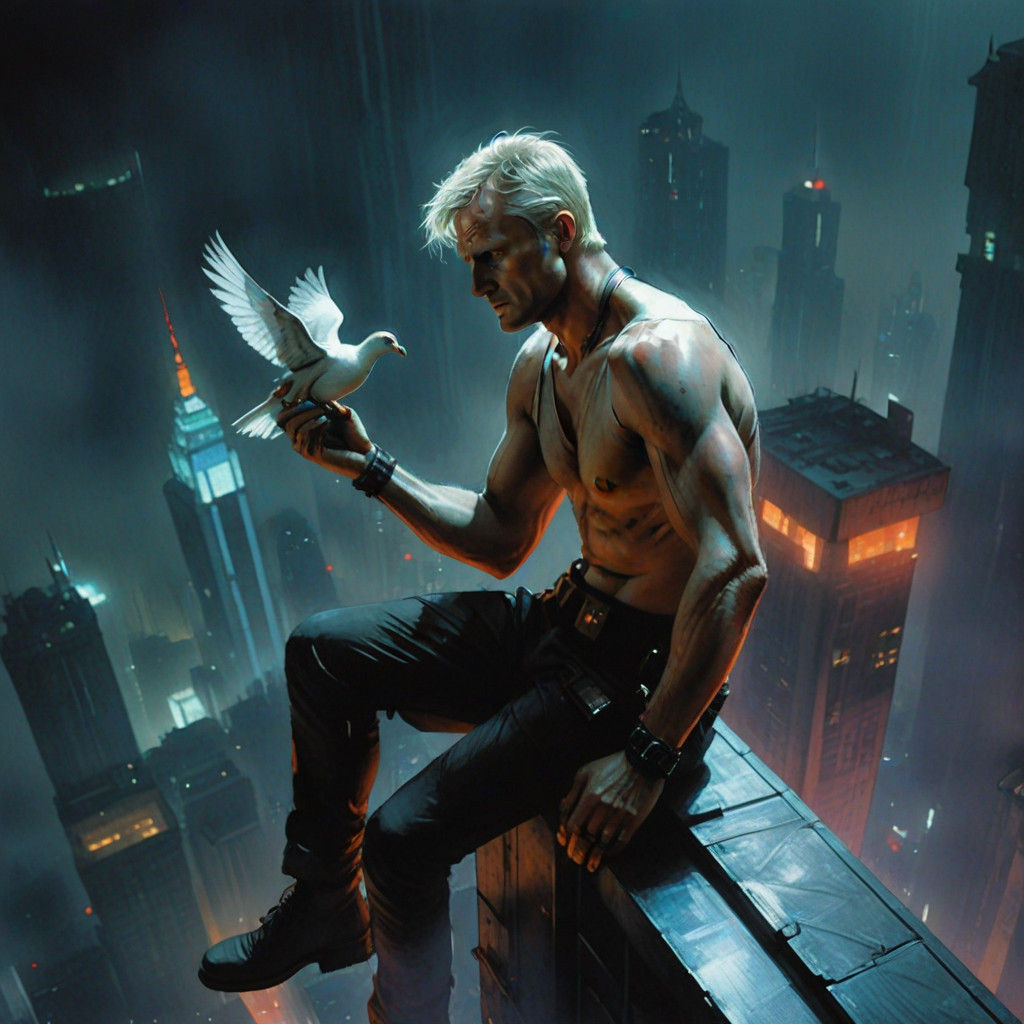 Cyberpunk Roy Batty Sits on Skyscraper Ledge with Dove