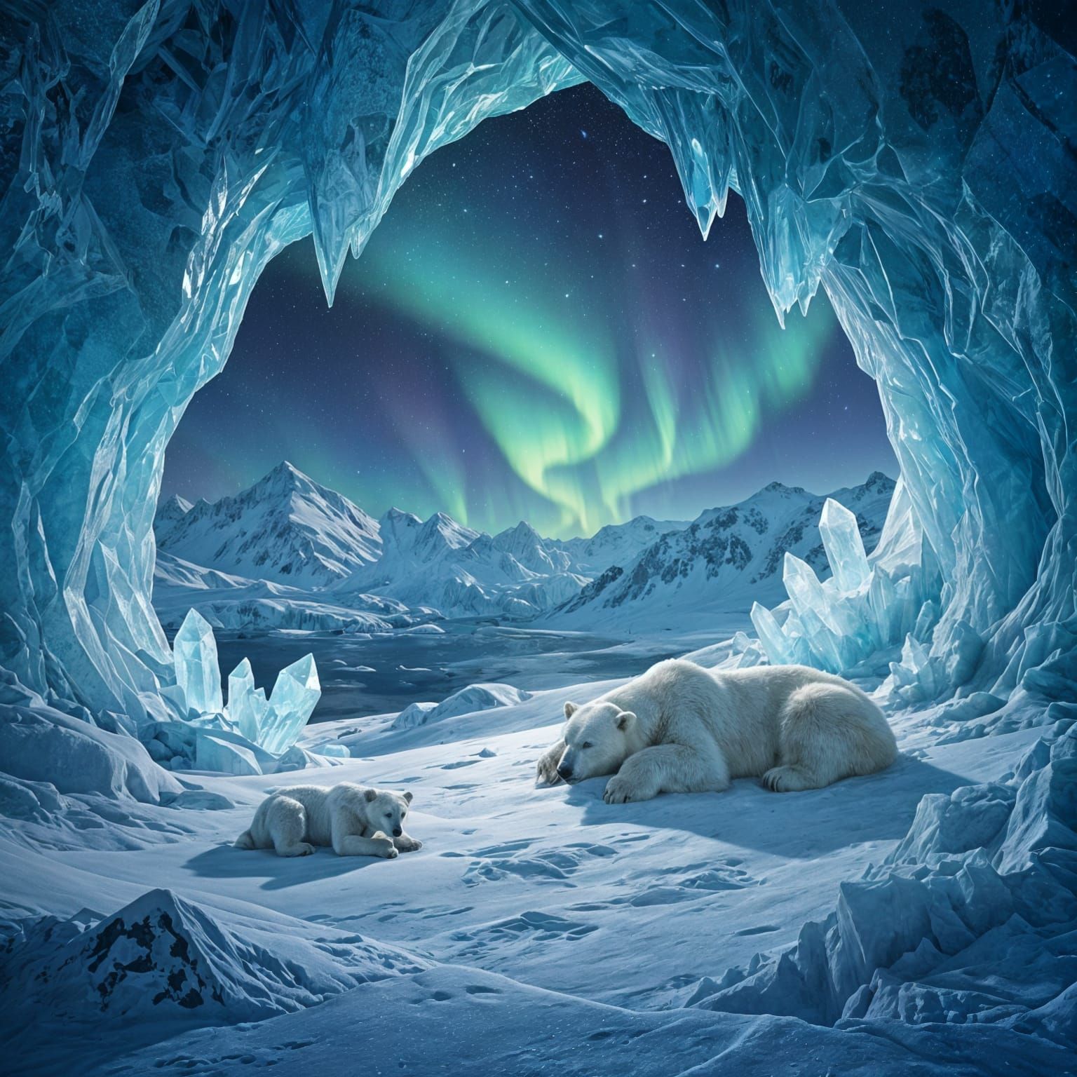 Polar Bear Family Sleeps in Aurora Ice Cave