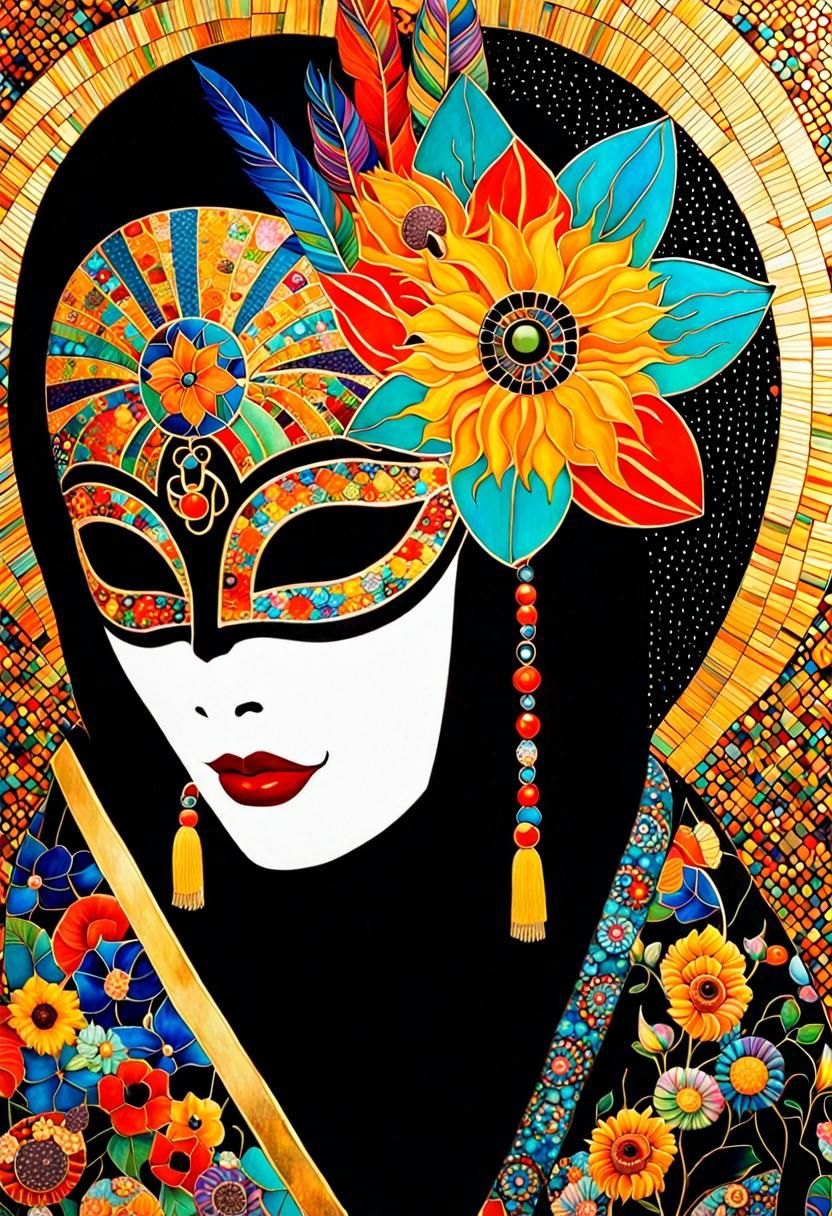 Shogun with Carnival Mask in Bohemian Mosaic Style