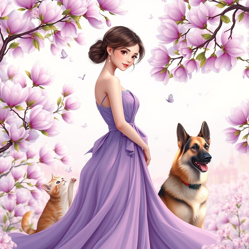 Elegant Woman Surrounded by Blooming Magnolias in a Whimsica...