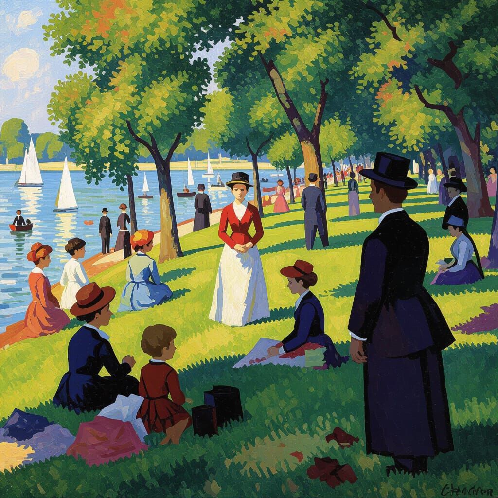 Sunday Afternoon Park Scene as Pointillist Oil Painting