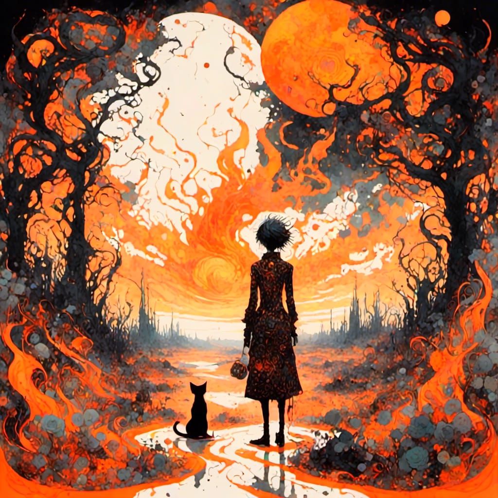 Nomad in Burning Landscape, Surreal Oil Painting