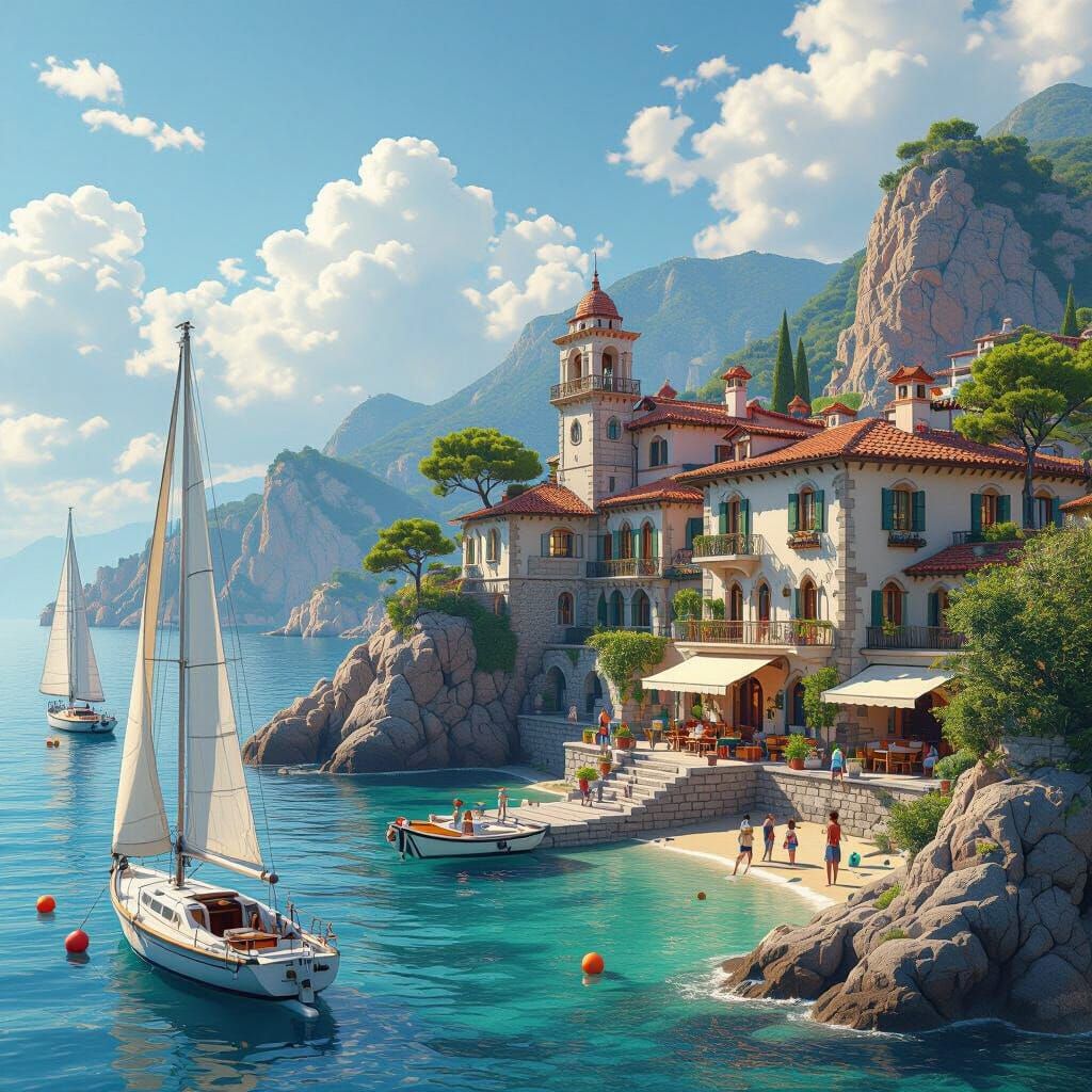 Italian Coastline Scene in Detailed 3D Anime Style