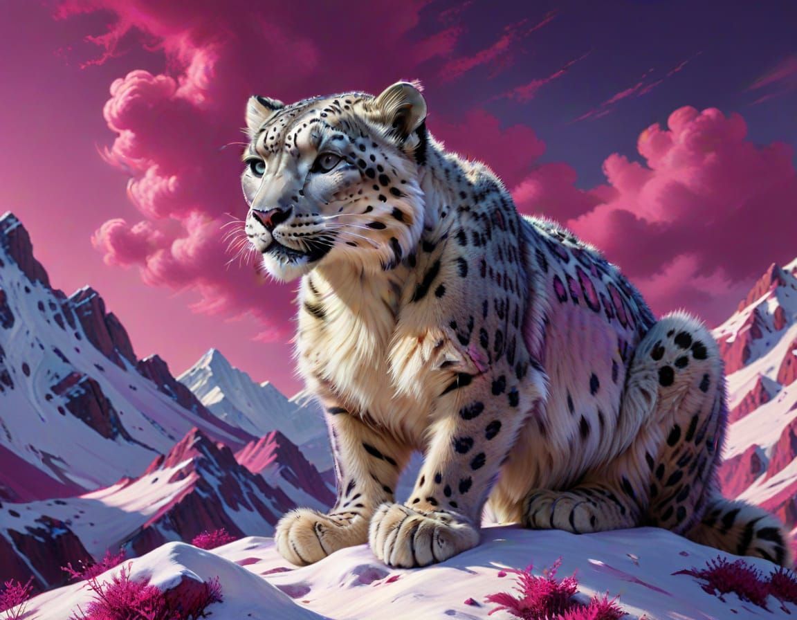 Snow Leopard in Magenta Mountain Landscape