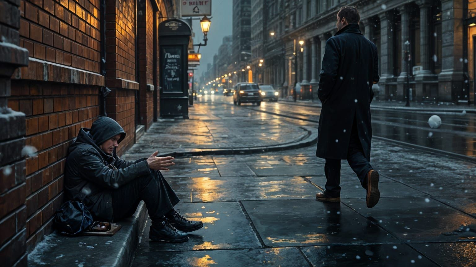Homeless Woman in Snowy City Dusk, Realistic Style