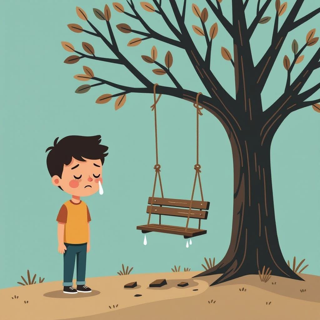 Heartbroken Boy Cries Beside Broken Swing in Minimalist Illu...