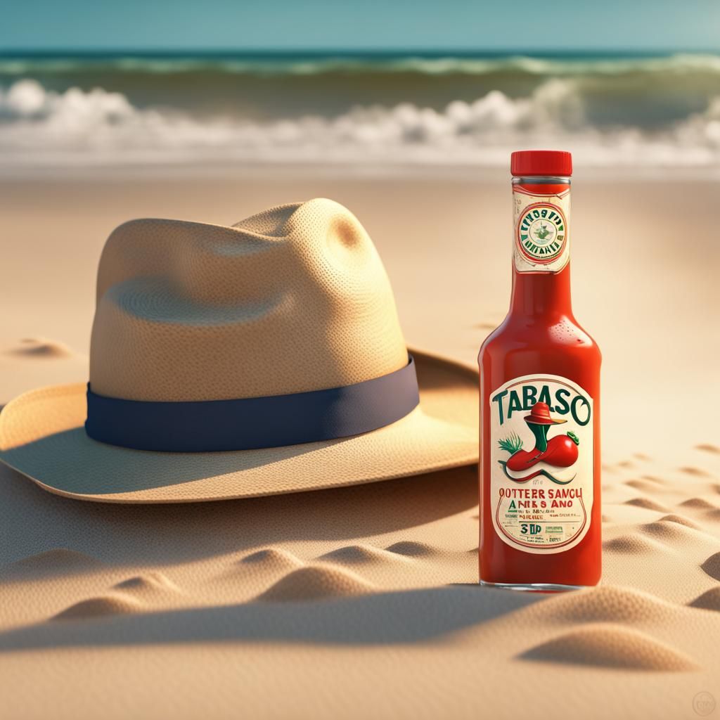 Tabasco and Fedora on Beach, Pixar-Style 3D Render