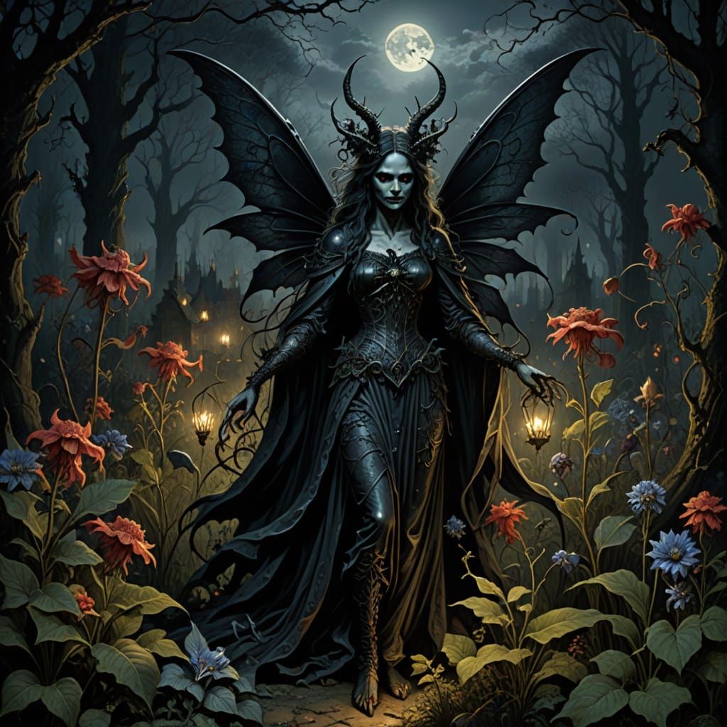 Gothic Fairy Queen Reigns Over Midnight Garden of Deadly Blo...