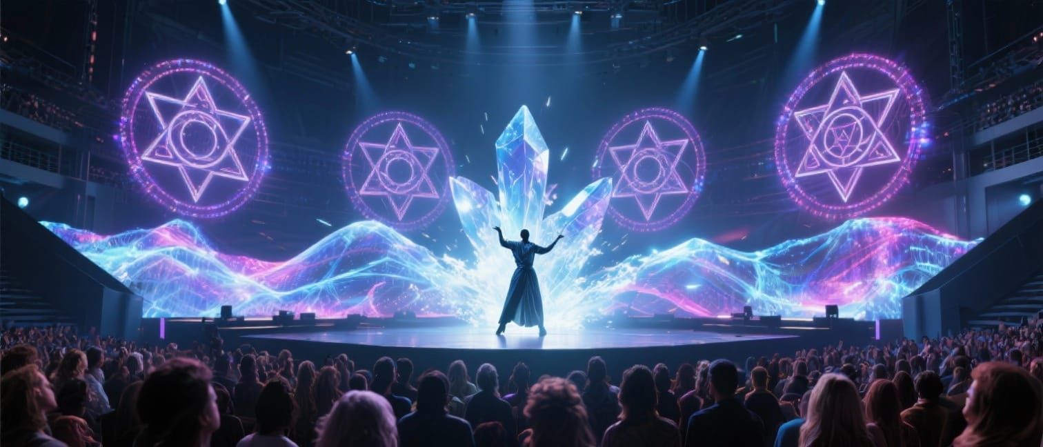 Performance Artist with Holographic Symbols in Modern Arena