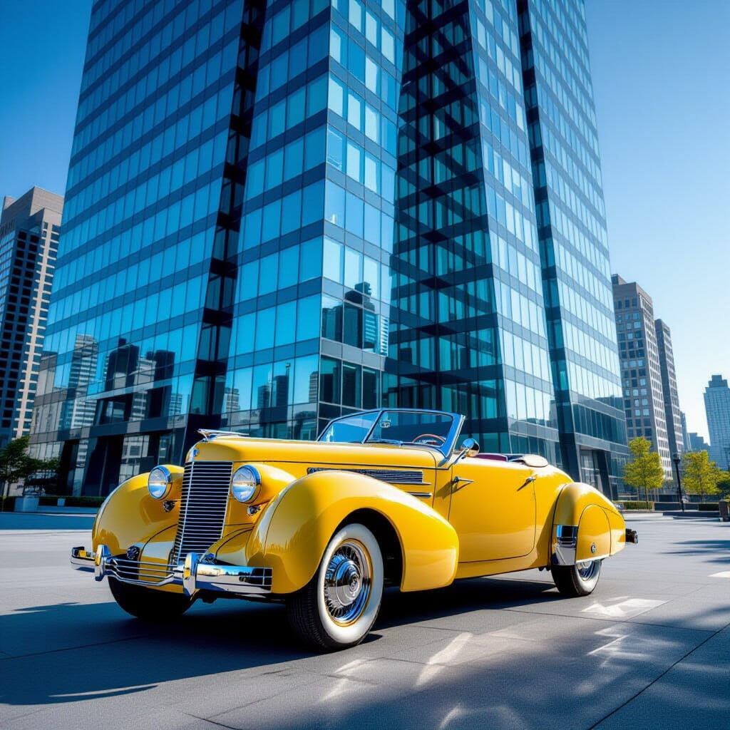 1936 Cord Convertible Parked Before Modern Skyscraper