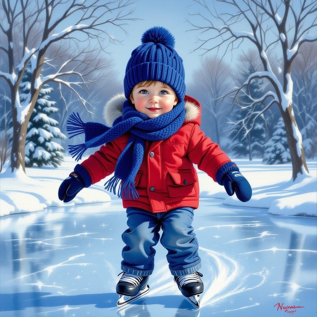 Boy Ice Skating in Winter Wonderland