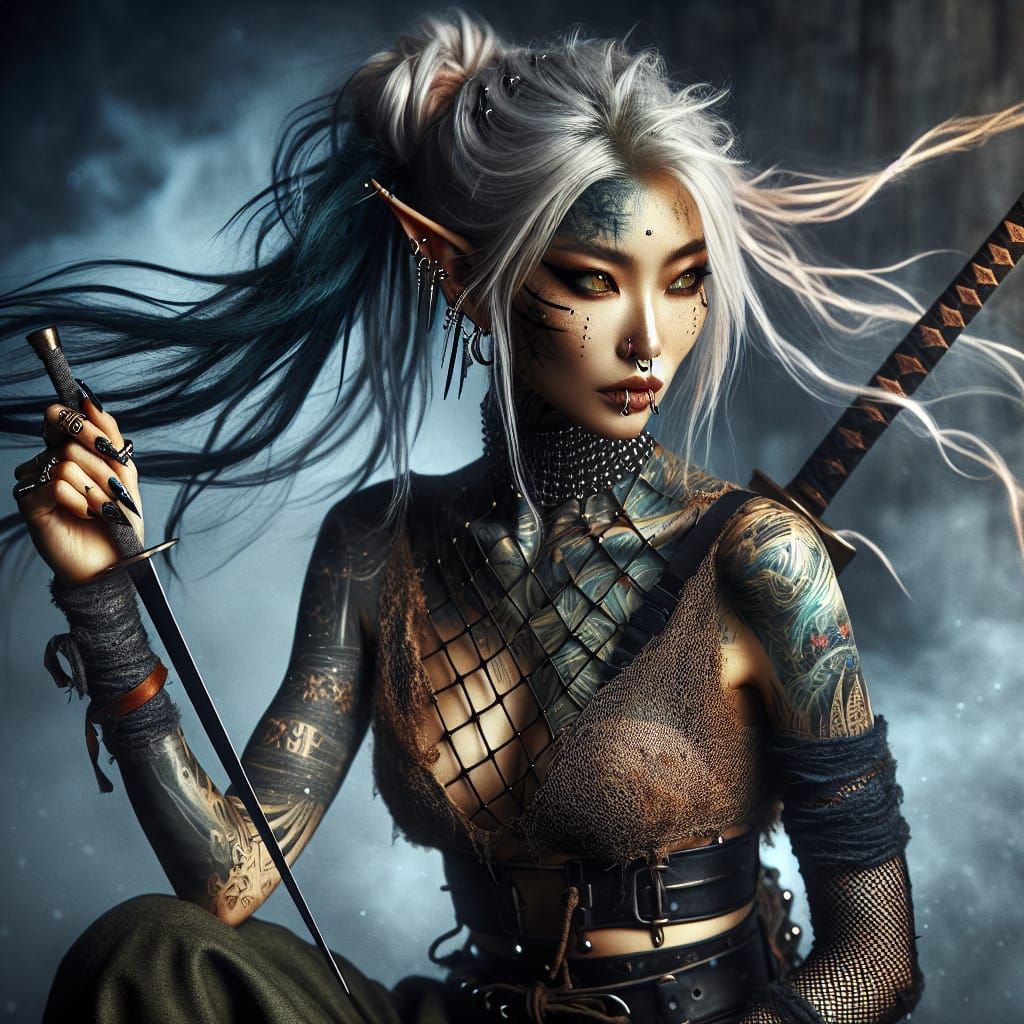 Elegant Asian Elf Warrior Woman in Battle Attire