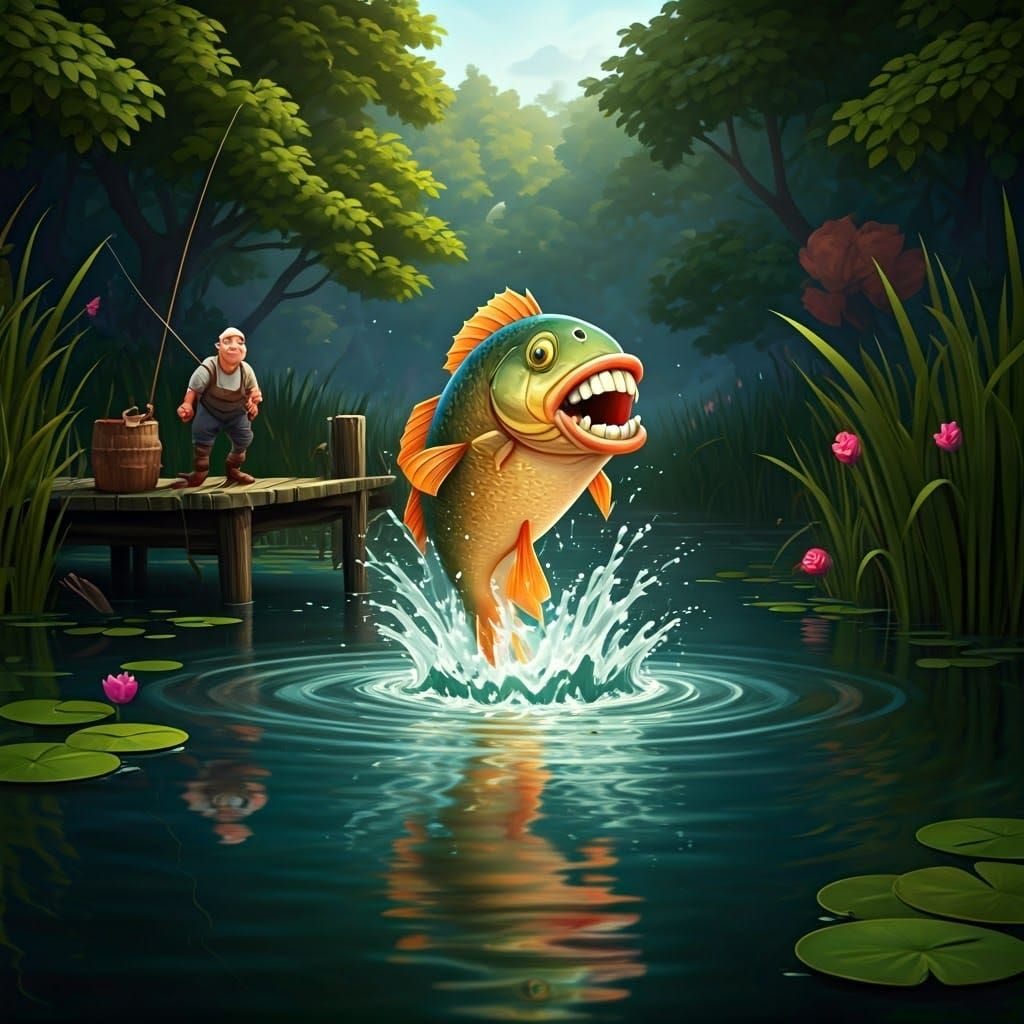Cartoon Fish with Teeth Leaping from Pond