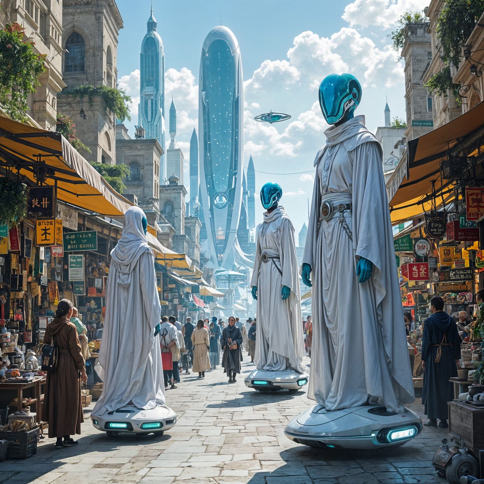 Ancient Marketplace with Hoverboards in Sci-Fi Style