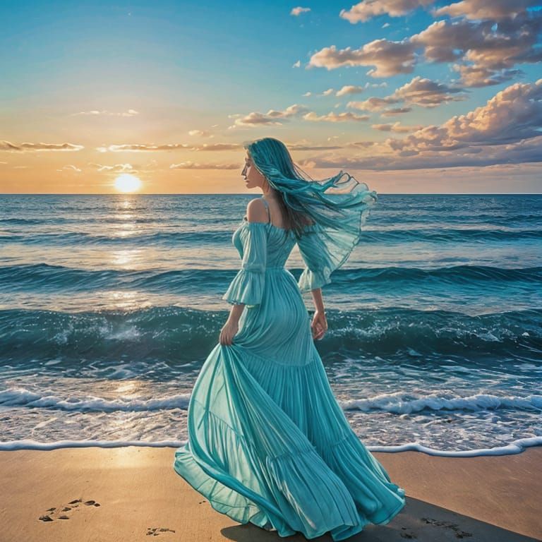 Turquoise Ocean and Sky with Woman in Dress
