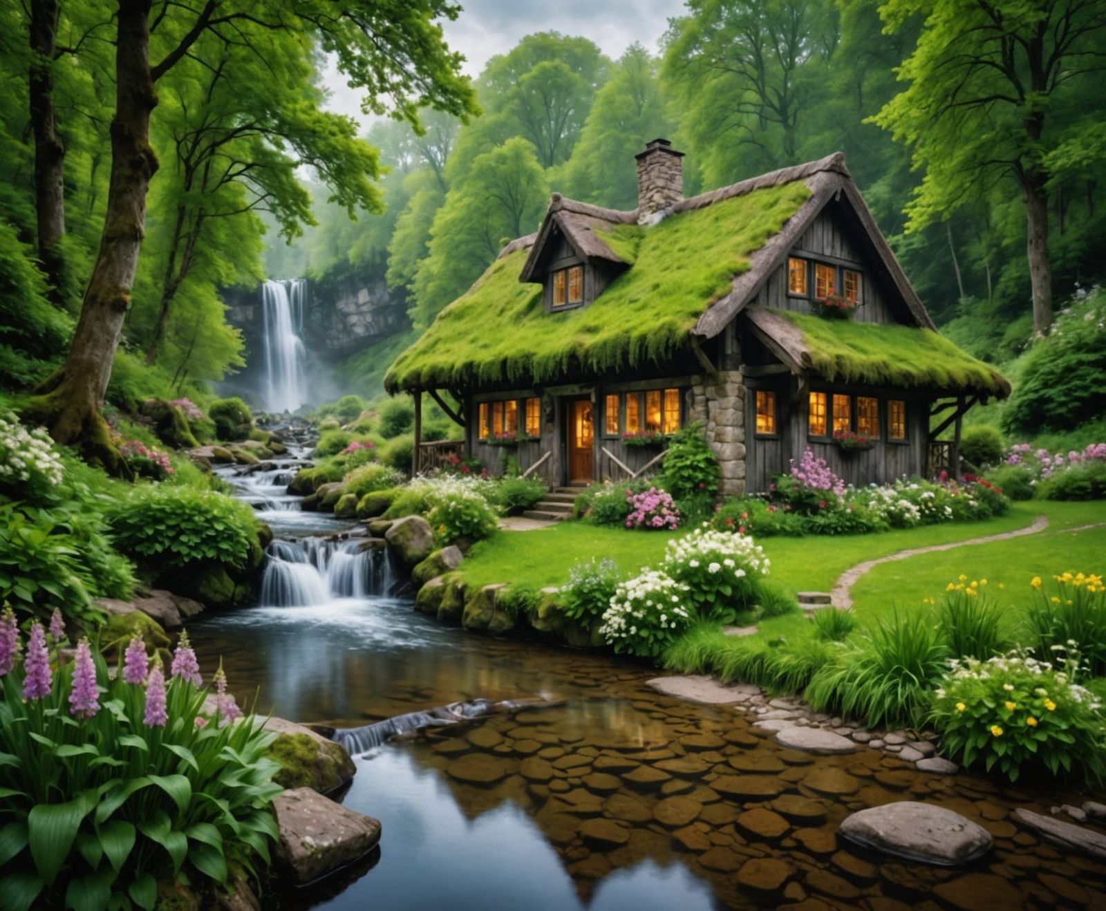 Ethereal Cottage by Waterfall in Spring Forest
