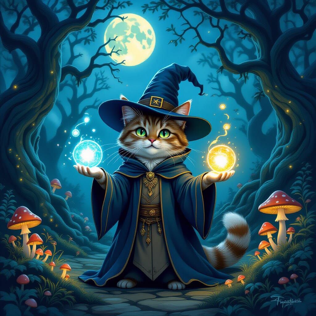 Wizard Cat Conjures Magic in Enchanted Forest