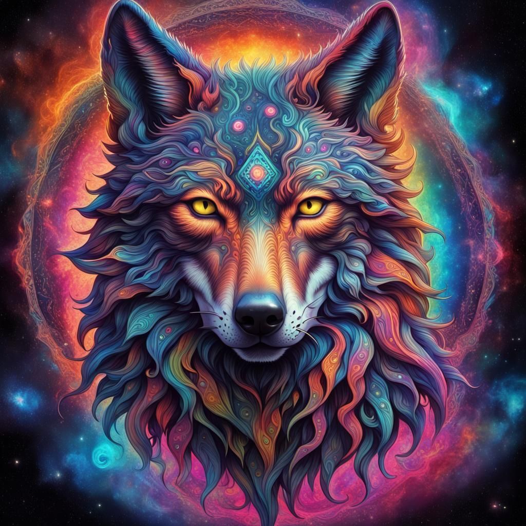 Cosmic Mystical Wolf with Neon Colors