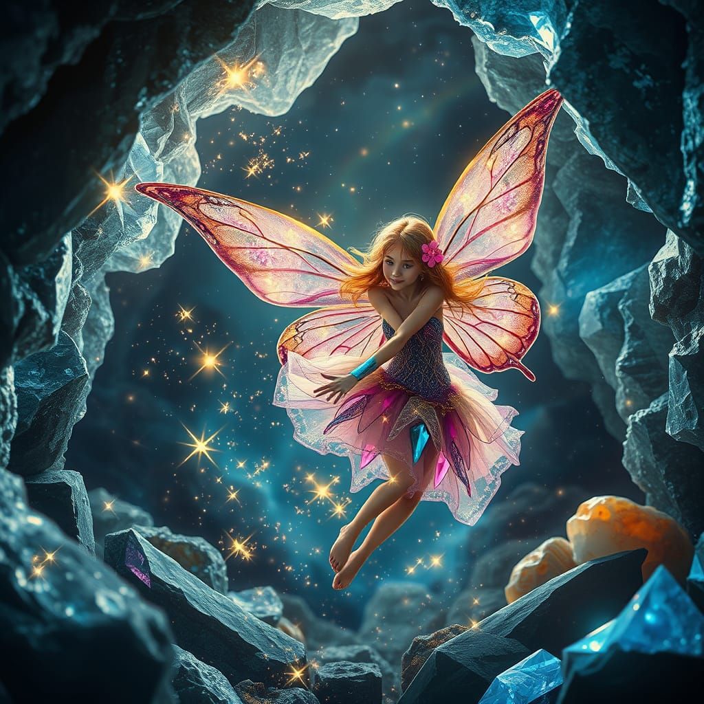 Sprite in Crystal Cave with Galaxy Double Exposure