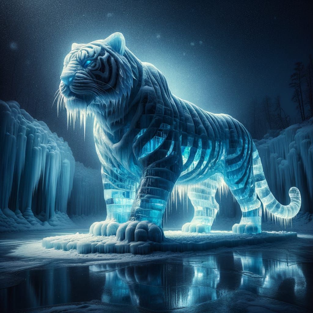 Giant Blue Ice Tiger in Dark Ethereal Fantasy