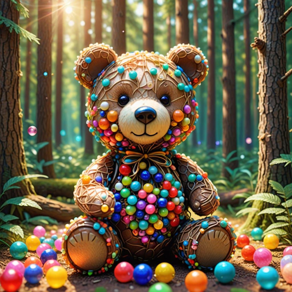 Teddy Bear Arranges Beads in Forest: Whimsical 3D Render