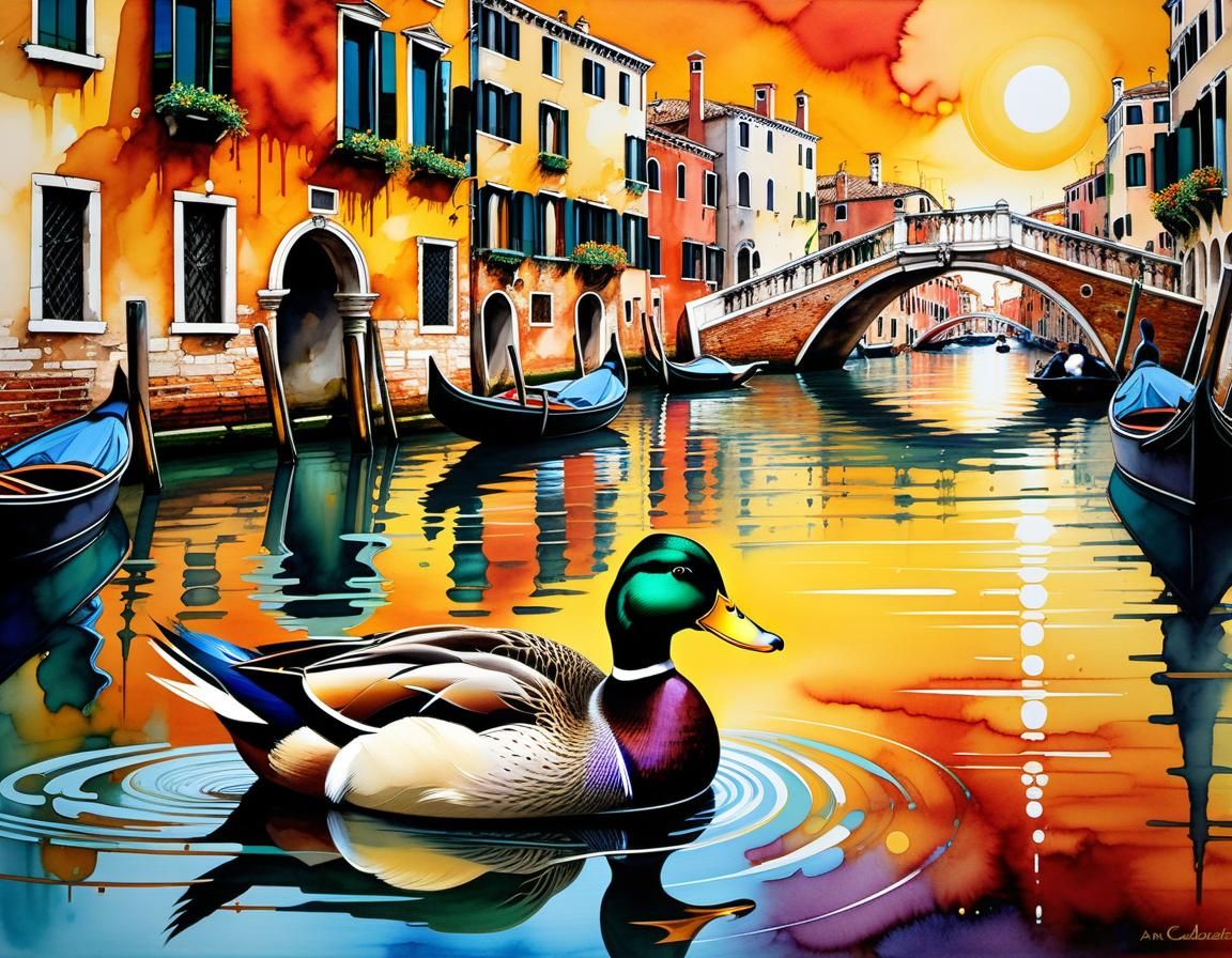 Duck in Venetian Canal with Alcohol Ink Effects