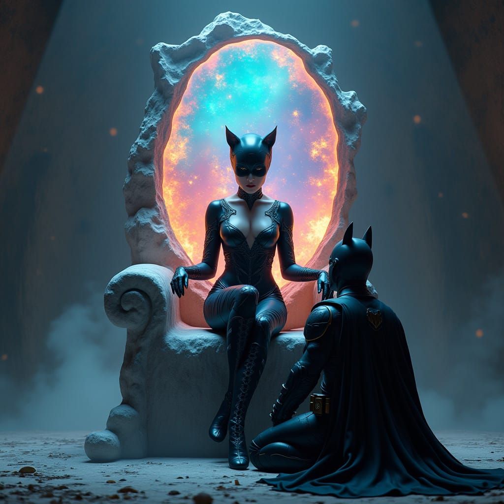 Regal Catwoman Commands Batman in Opal Throne