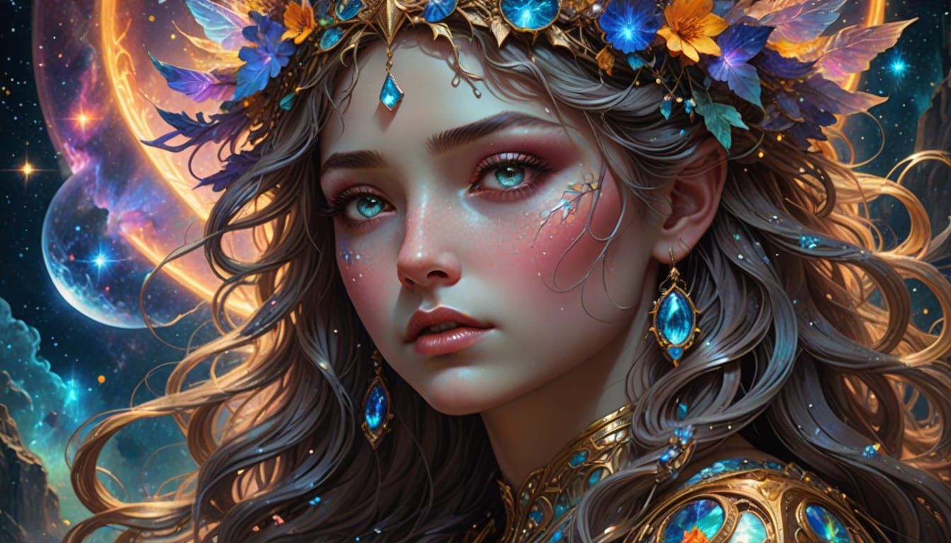 Celestial Goddess Weeping Tears of Light in Nebula