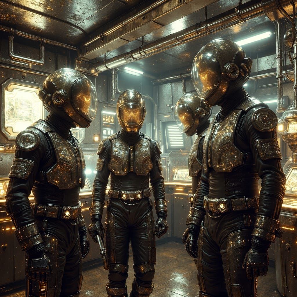 Grunge Space Hauler Crew in Retro-Futuristic Bridge