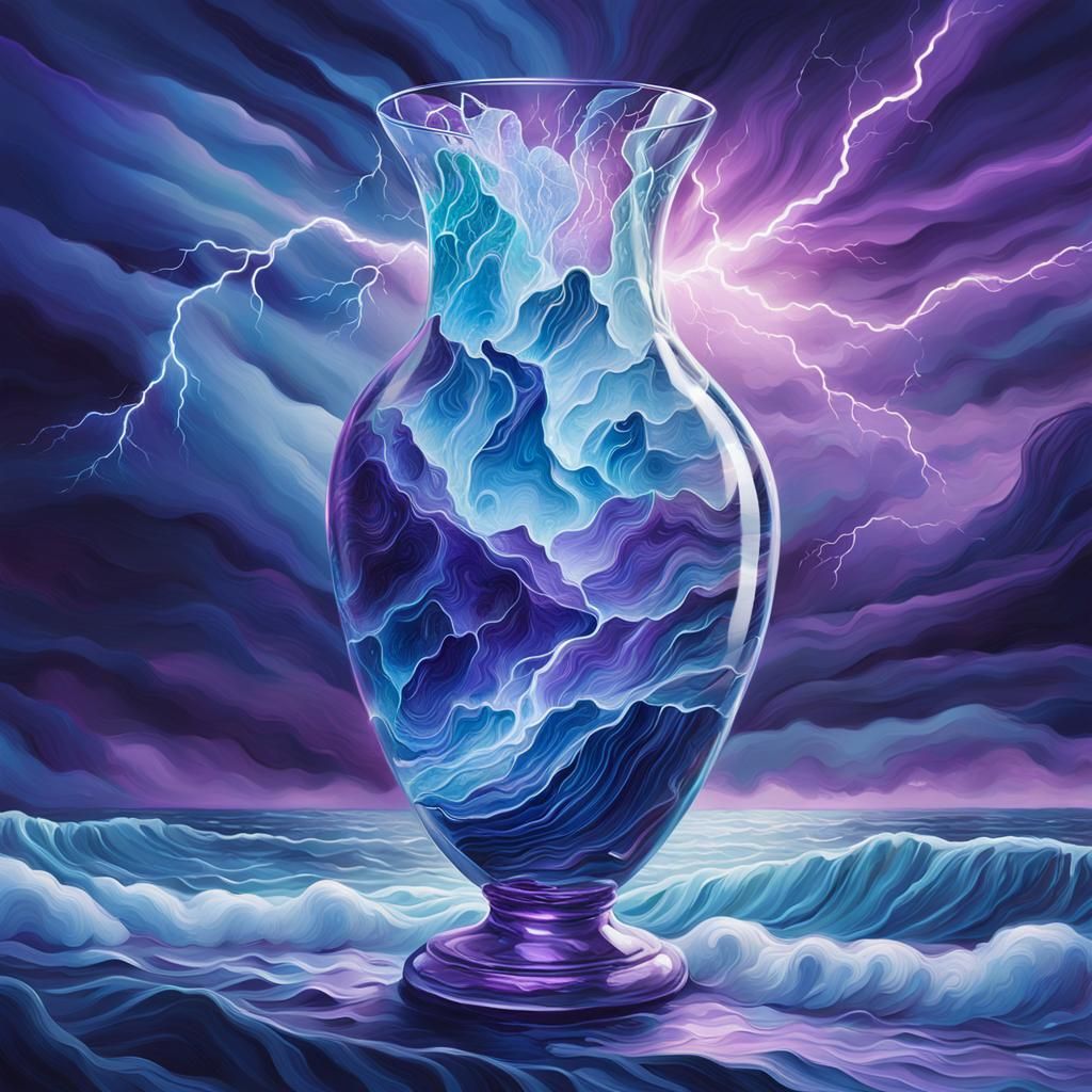 Stormy Sea in Crystal Vase: Surreal Mixed Media