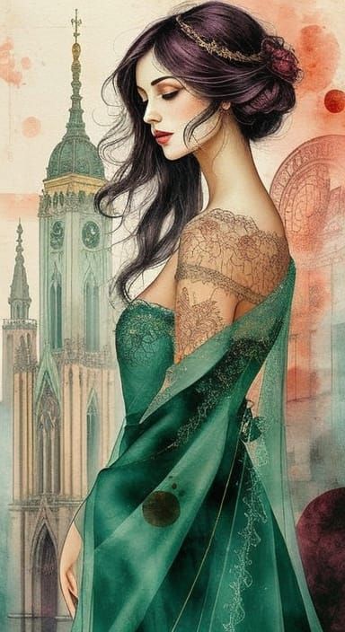 Art Deco Woman in Mixed Media Impasto Painting