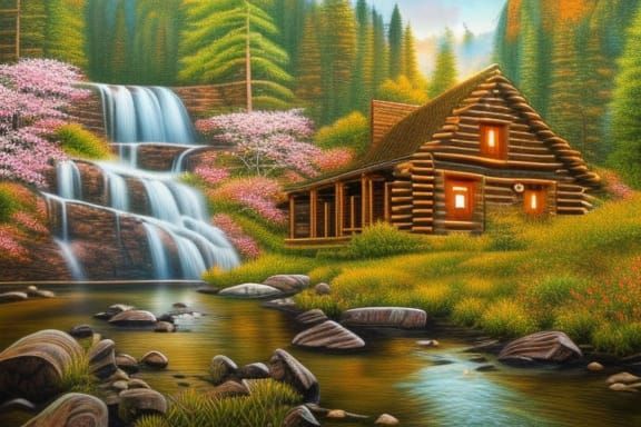Log Cabin with Waterfalls at Golden Hour