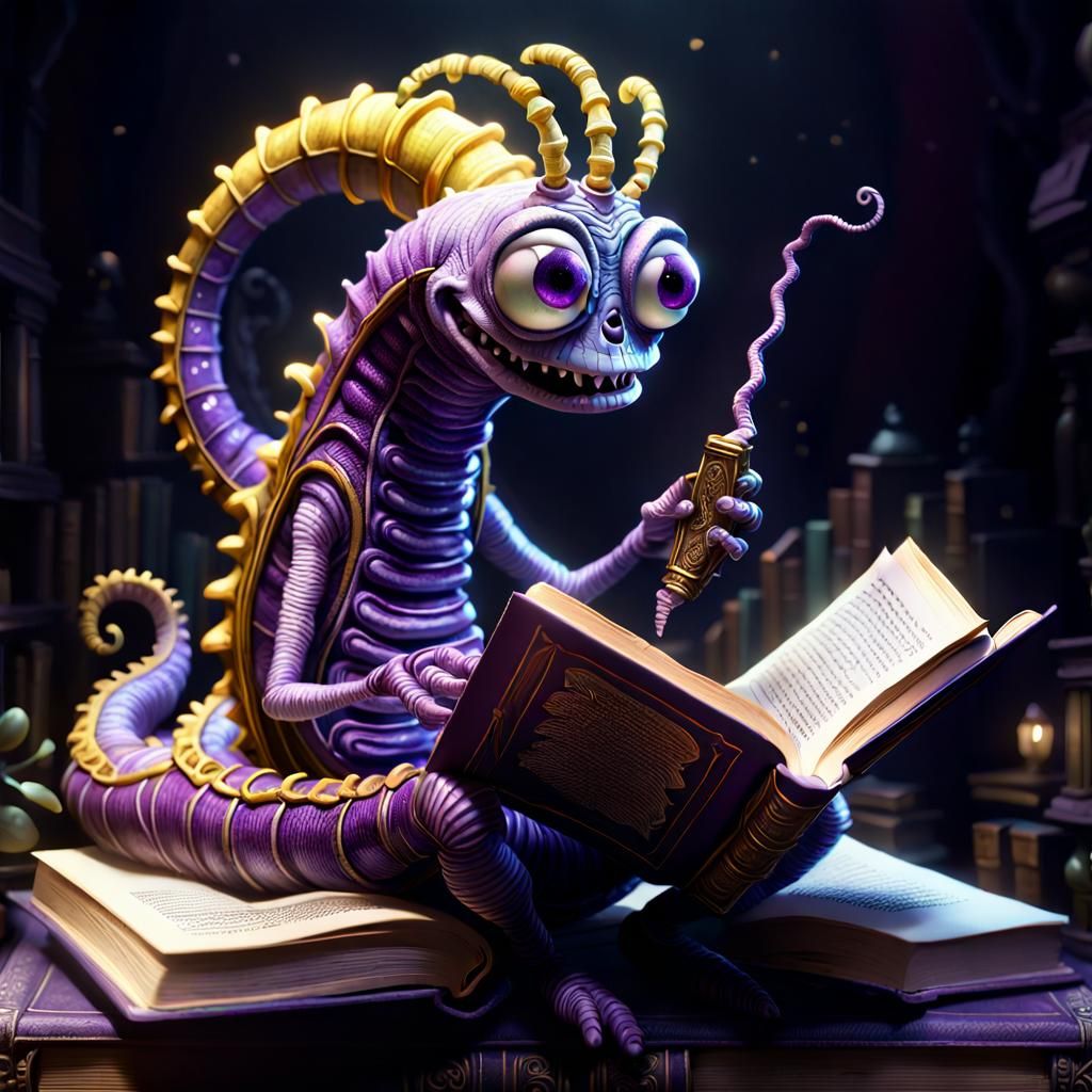 Anthropomorphic Worm Reads in Dark Fantasy Style