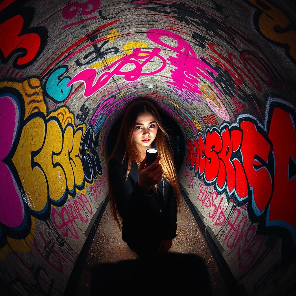 Graffiti Tunnel with Goth Girl in Holographic Style