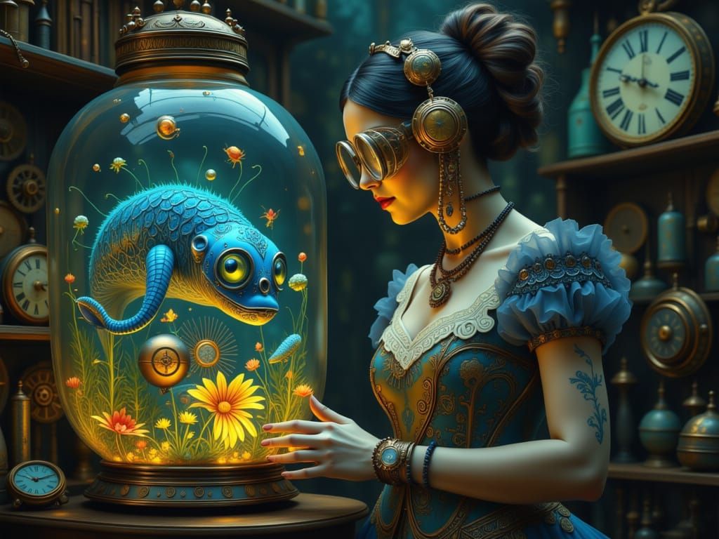 A whimsical scene of a woman with elaborate steampunk goggle...