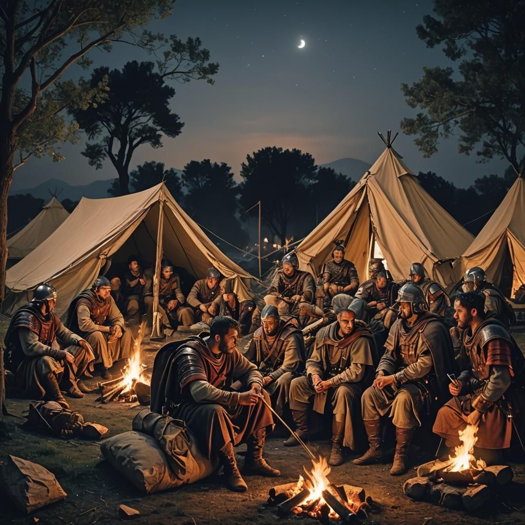 Roman Soldiers Warming by Firelight at Night