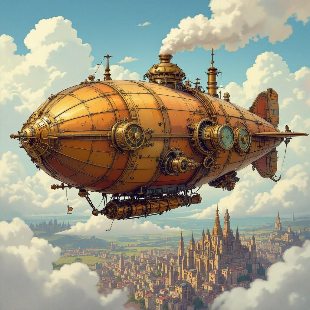Steampunk Airship Soaring Over Victorian City