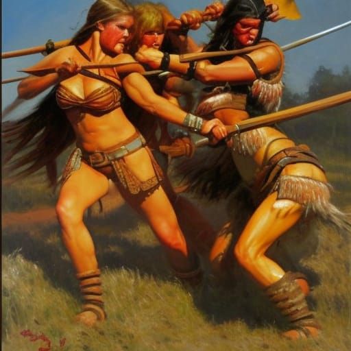 Barbarian women clashing oil painting by James Gurney