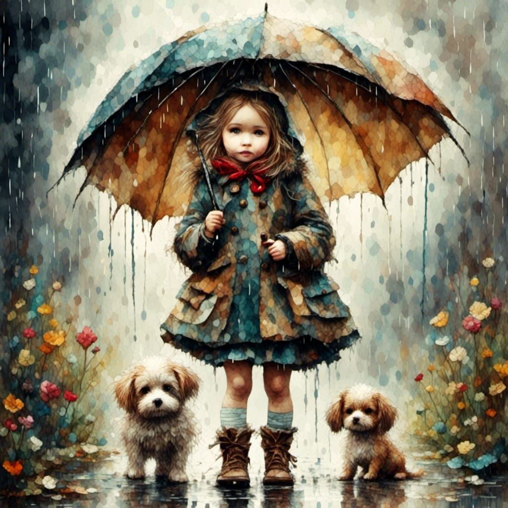Girl and Puppy in Rainy Fairytale, Antique Watercolor Style