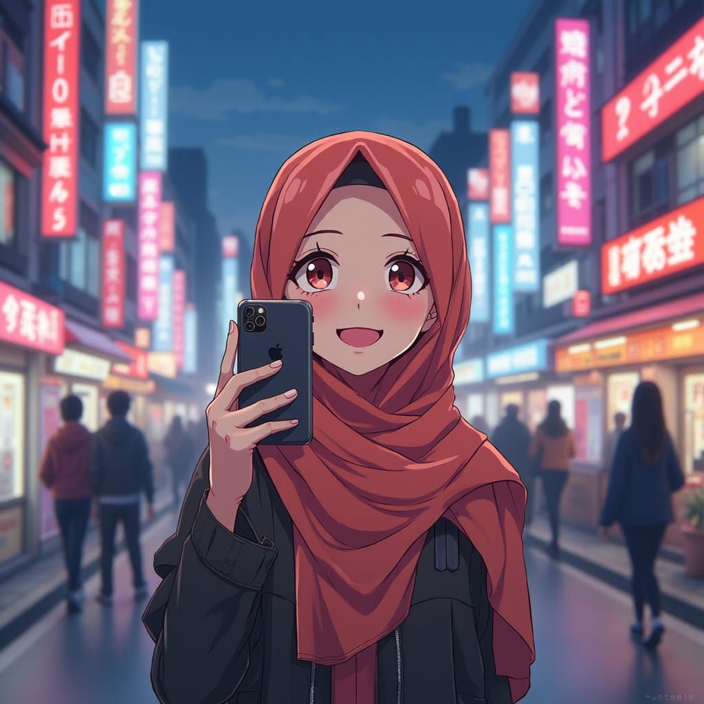 Anime Girl Takes Selfie in Futuristic City