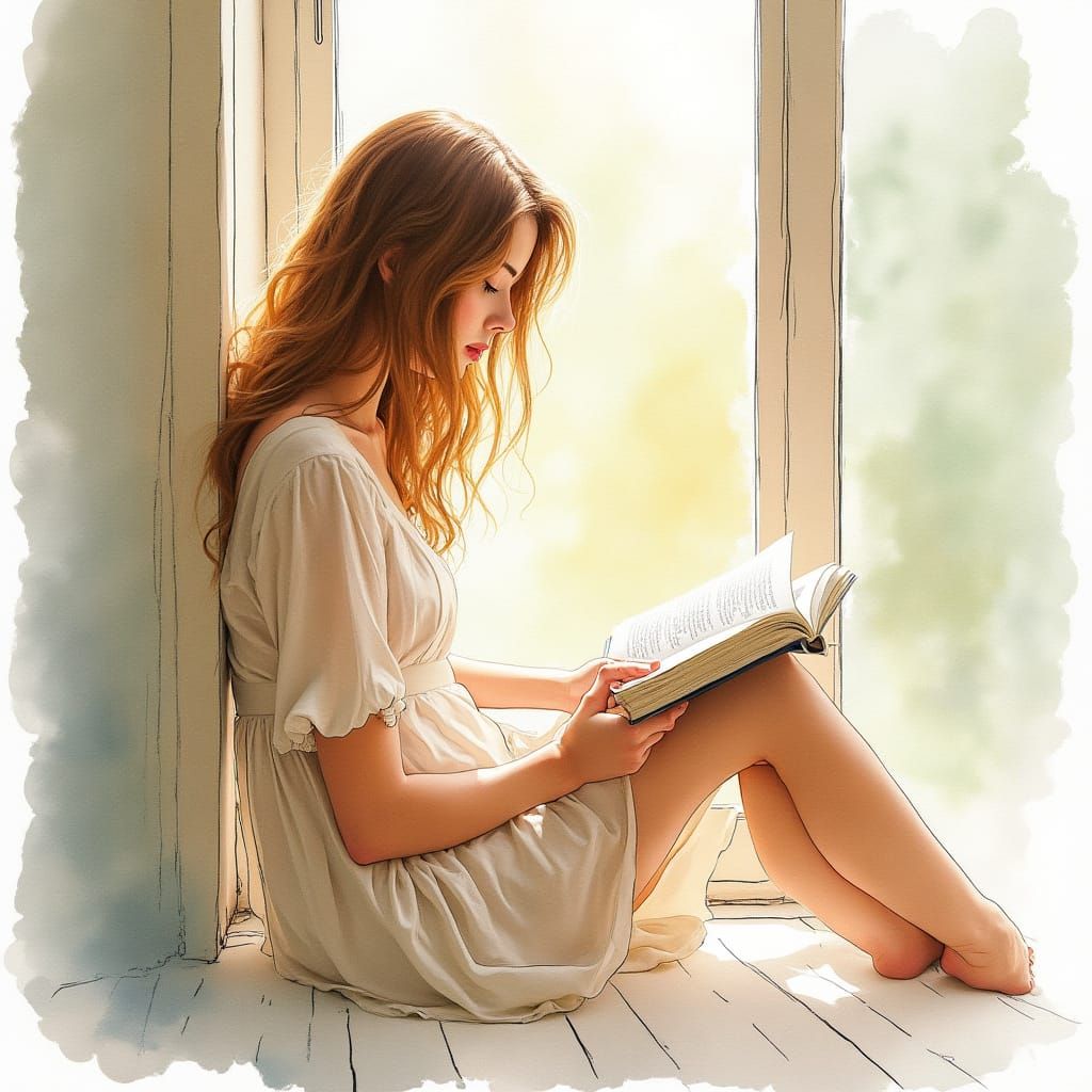 Woman Reads by Sunlit Window in Whimsical Watercolor