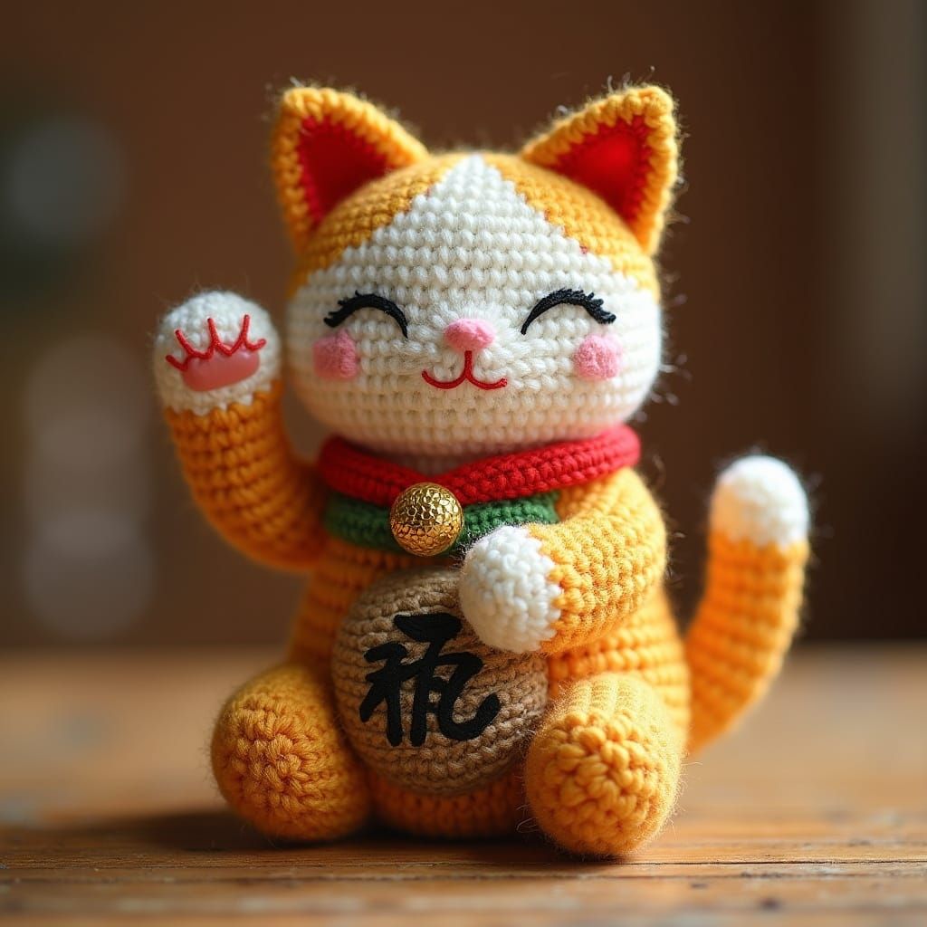 Vibrant Knitted Amigurumi Feline in Traditional Japanese Pos...