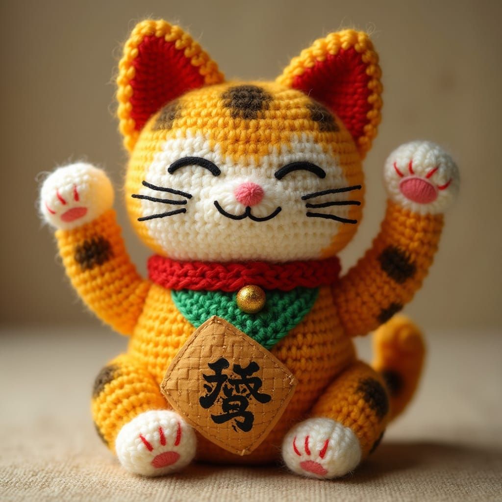 Stunning Photorealistic Knitted Amigurumi Maneki Neko Plushi...