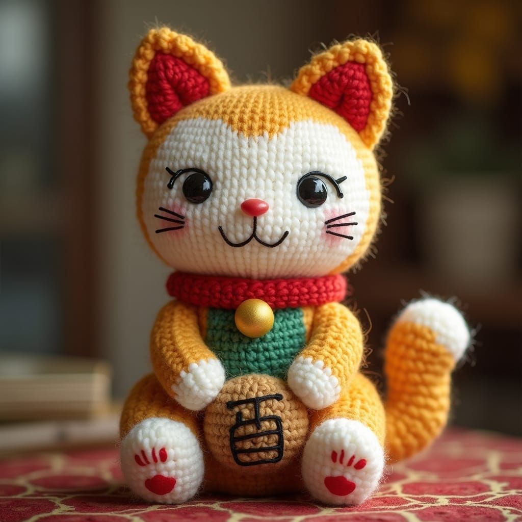 Whimsical Hand-Knit Amigurumi Maneki Neko Plush Toy