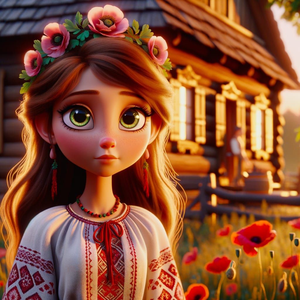 Ukrainian Girl in Traditional Scene, Animated Style