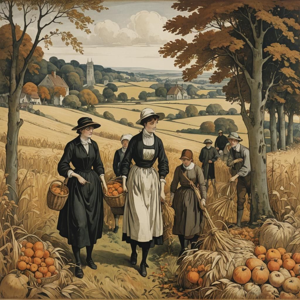 Autumn Harvest Countryside, Turner and Beardsley Style